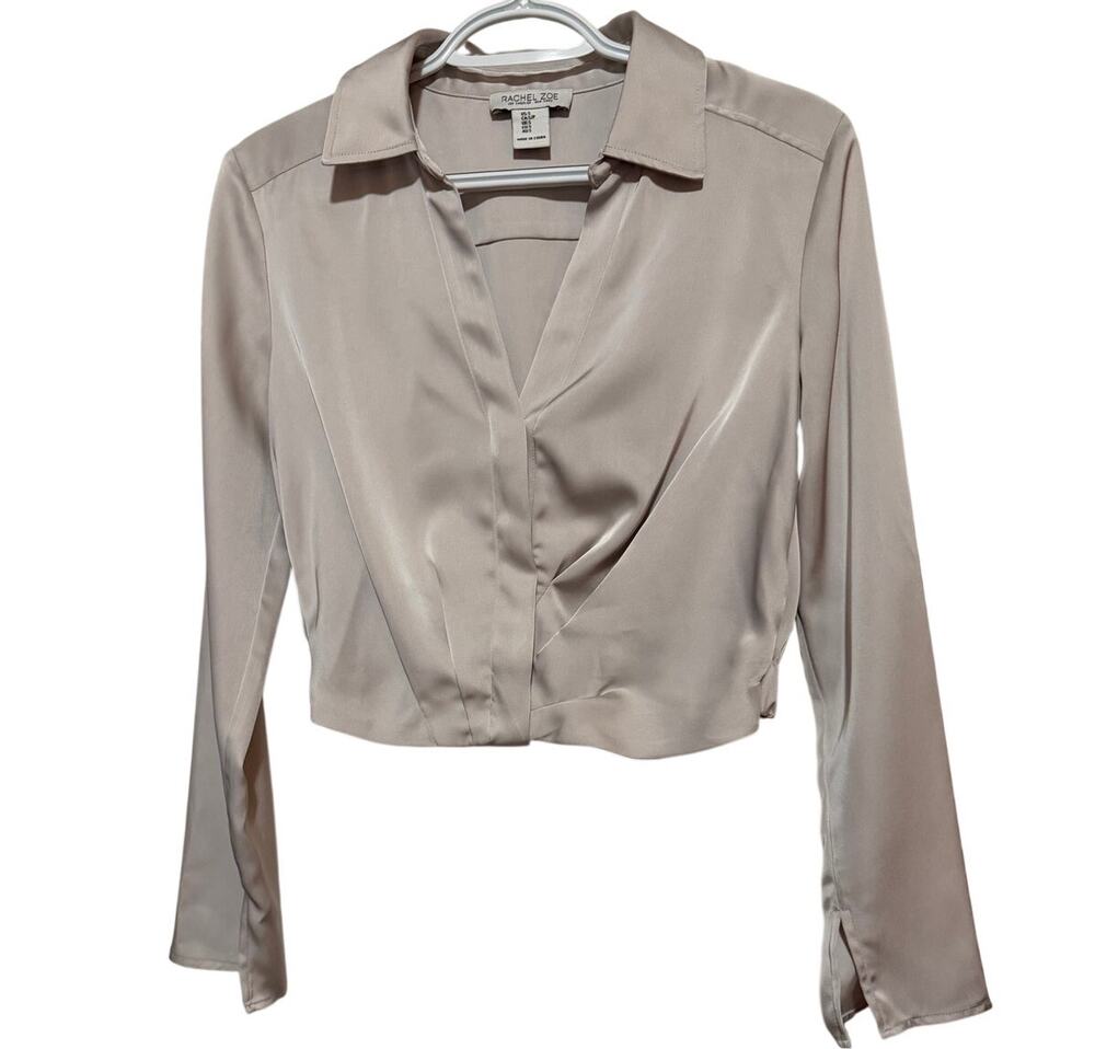 Rachel Zoe Women's Cropped Satin Blouse‎ Plunging Neckline Wrap Front Size S